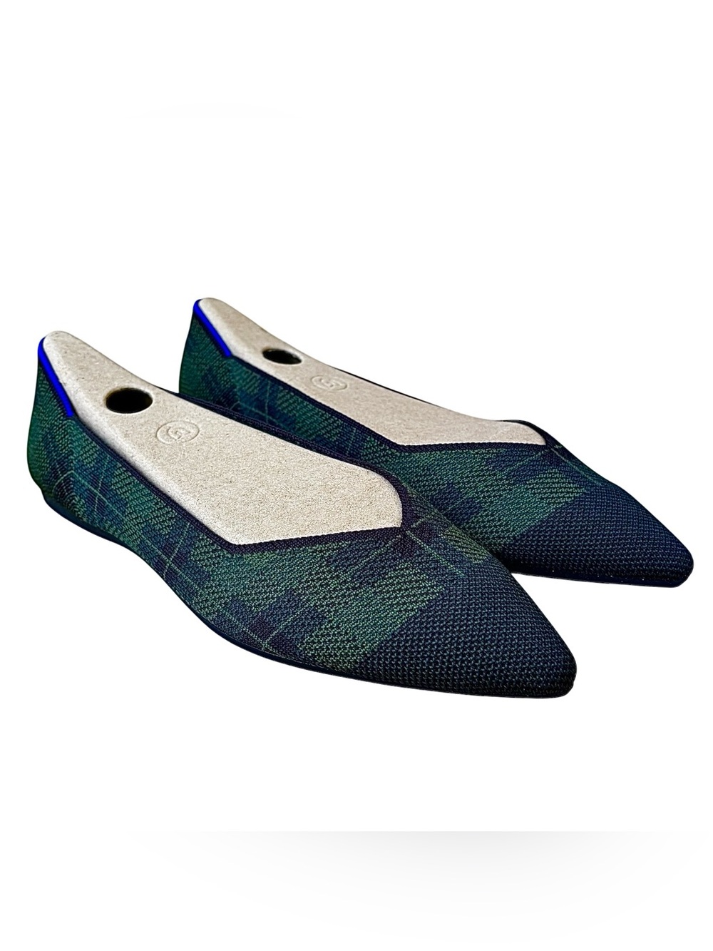 NWOB ROTHY’s “The Point” Racer Green Check Plaid Cap Toe Flats